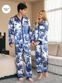 SHEIN 缎面口袋长袖上衣和长裤男士睡衣套装舒适优雅细节，秋季服装 - 藍白色 - 查看 5