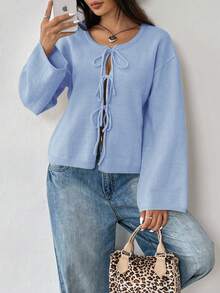 SHEIN EZwear 女士纯色圆领落肩长袖系带休闲毛衣秋冬系带上衣 - 藍色 - 查看 7