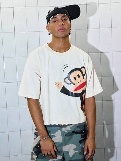 Paul Frank X ROMWE Men's Loose Fit Cartoon Graphic Drop Shoulder White T-Shirt