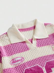 ROMWE MEN Prep Men's Contrast Stripe & Numeric Embroidery Knit Polo Shirt - Pink - View 5