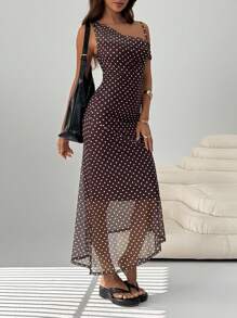 SHEIN EZwear 女士圆点印花不对称领口无袖连衣裙 - 棕色 - 查看 4