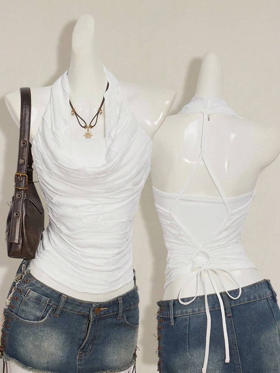 SHEIN ICON Women's Summer Ruched Back Tie Spaghetti Strap Camisole Top White Halter Top White Cowl Neck Top Ruched White Top White Tie Back Top Summer White Top