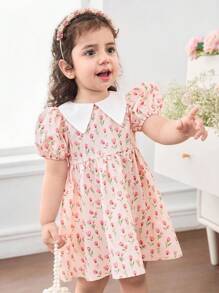 Vestido de manga corta con estampado de Peter Pan Collar Ditsy para niña bebé - Rosa - Ver 1
