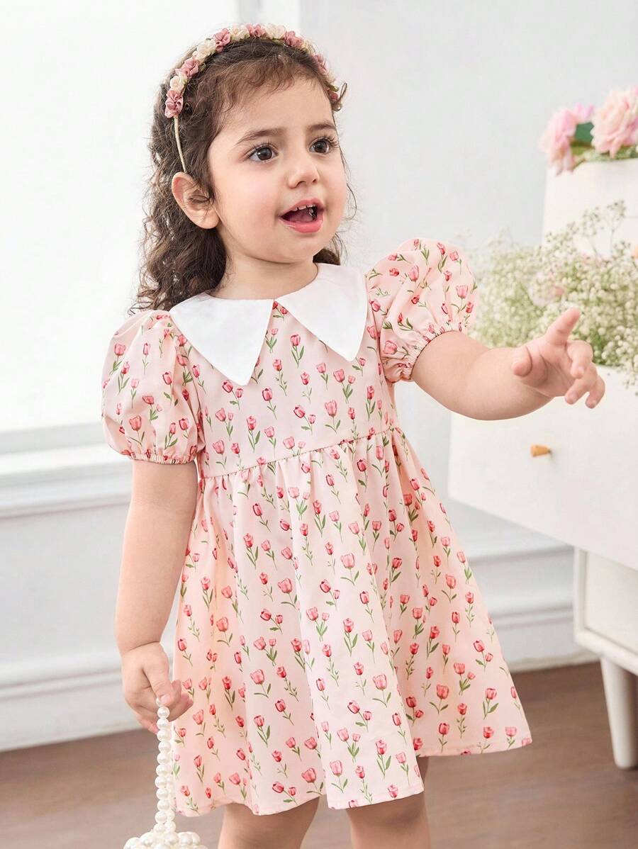 Vestido de manga corta con estampado de Peter Pan Collar Ditsy para niña bebé - Rosa - Ver 1