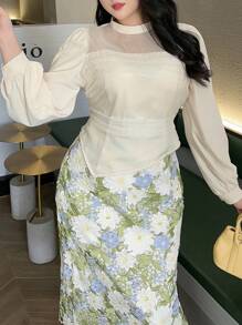 Dazy Plus Blusa de mujer talla grande con contraste de color, cuello alto de malla, manga farol, ropa de mujer de otoño, blusa de manga larga