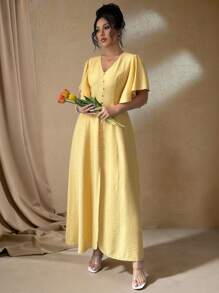 Roveilla 大码女式法式优雅休闲度假下午茶波西米亚风 V 领纽扣装饰 A 字开衩泡泡袖长裙，春夏