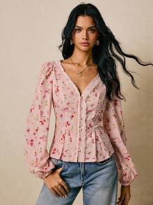 Poéselle 女士衬衫 纽扣门襟衬衫 碎花衬衫 长袖衬衫 女士优雅碎花长袖衬衫 秋季上衣 女士秋季服装 女士冬季服装 秋季外出上衣 纽扣衬衫 - 粉色 - 查看 7