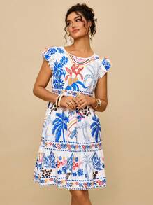 SHEIN VCAY 大码女式花卉印花宽松短款连衣裙，圆领荷叶边袖连衣裙，白色连衣裙 - 白色 - 查看 3