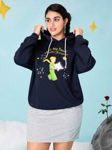 LE PETIT PRINCE X SHEIN 大码卡通人物图案抽绳连帽运动衫 - 藏蓝色 - 查看 3