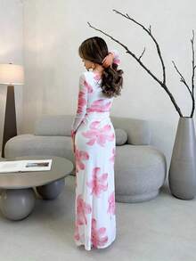Jemour 浪漫约会之夜花卉印花褶皱女式长袖连衣裙 - 彩色 - 查看 2