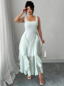 SHEIN Elenzya 大码女式方领无袖荷叶边腰中长连衣裙 - 綠色 - 查看 3