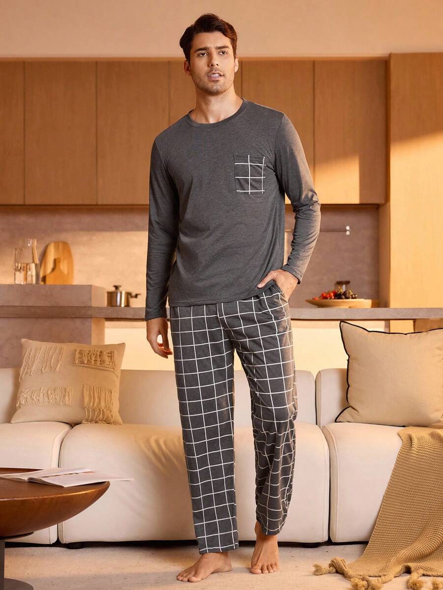 Men Plaid Print Pocket Patched PJ Set / Pajama Set - Dark Grey - View 1