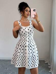SHEIN Raffinéa 全新时尚设计高品质波尔卡圆点黑白法式束腰女士吊带裙，夏季 - 黑與白 - 查看 7