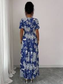 Elenzga Đầm chữ A xẻ tà hai bên tay loe, dáng chữ A, cổ tròn, thắt eo, thích hợp cho tiệc trà chiều, đi biển, mùa xuân/hè - Xanh đậm - Xem 2