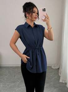 Elenzga Women's Casual Vacation Style Shirt Collar Button Down Cinched Waist A-Line Loose Blouse Top - Navy Blue - View 5