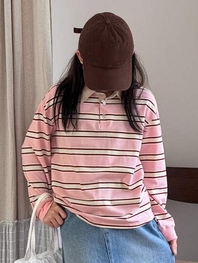 DAZY 青少年女孩休闲日常拼色条纹长袖T恤秋冬