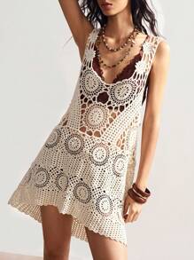 Bohemela 女士花卉镂空无袖低领针织度假连衣裙 - 杏色 - 查看 8