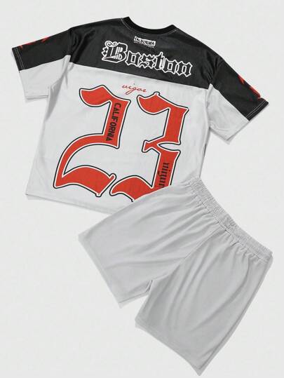 Anime Men's Japan Style Football & Cartoon Girl Graphic Print T-Shirt And Shorts Casual Suit