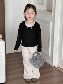 DAZY 年轻女孩蕾丝拼布长袖休闲百搭蝴蝶结装饰T恤 - 黑色 - 查看 2