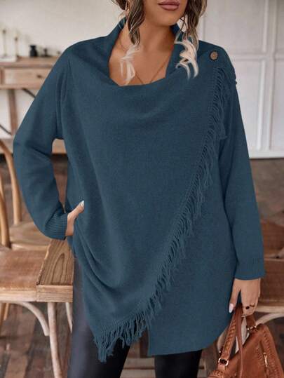 1 st. Dam Plusstorlek Enfärgad Långärmad Asymmetrisk Kofta med Fransar, Lämplig för Höst/Vinter