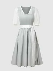 Fairmaia 德国传统女式短袖上衣、围裙和连衣裙套装，Dirndl 慕尼黑啤酒节传统德国传统复古无袖女装传统方领 Dirndl 连衣裙和围裙，适合十月、万圣节 - 灰色 - 查看 6