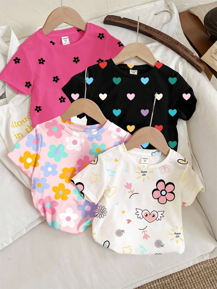 SHEIN Happikins 4pcs/Set Young Girl Casual Basic Round Neck Short Sleeve T-Shirts, Suitable For Spring & Summer, School, Campus, College - Multicolor - View 1