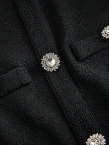 SHEIN MOD Đầm dài vừa phải thanh lịch, cổ tròn, tay dài, cài nút, viền bèo màu khối cho nữ, Đầm đen cho nữ, Đầm cài nút, Đầm thắt lưng, Đầm đen tay dài, Quần áo mùa thu cho nữ, - màu đen - Xem 4