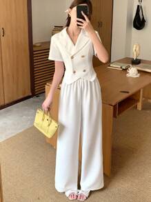 SHEIN 青少年女孩白色纯色梭织休闲通勤翻领短袖纽扣弧形下摆上衣和直筒裤两件套服装套装，返校季，休闲优雅套装