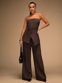 SHEIN BAE Bộ đồ thời trang áo hai dây màu trơn viền bất đối xứng dành cho nữ và quần dài màu nâu Bộ đồ liền thân không dây dành cho nữ Bộ đồ liền thân màu nâu Bộ đồ mùa hè Bộ đồ hai mảnh quần dài cho mùa thu/đông - màu nâu - Xem 5