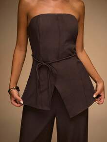 SHEIN BAE Bộ đồ thời trang áo hai dây màu trơn viền bất đối xứng dành cho nữ và quần dài màu nâu Bộ đồ liền thân không dây dành cho nữ Bộ đồ liền thân màu nâu Bộ đồ mùa hè Bộ đồ hai mảnh quần dài cho mùa thu/đông - màu nâu - Xem 7