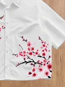 Manfinity Joysei 日式樱花印花休闲男士短袖 Polo 衫，常规版型 - 白色 - 查看 4