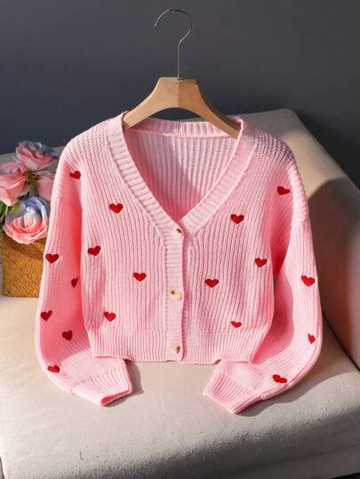 女童时尚红心刺绣V领珍珠针织开衫，百搭长袖毛衣，秋冬