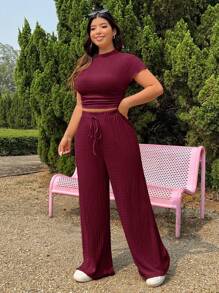 SHEIN EZwear 2 件套加大码纹理针织上衣和抽绳裤套装，休闲 - 酒紅色 - 查看 4