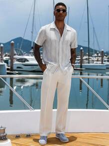 Manfinity Homme 男士棉质白色梭织直筒裤，带口袋，适合秋季休闲穿着