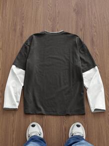 Manfinity Unisex Men's Knitted Casual Daily Younger Generation English Text Print Patchwork Loose Long Sleeve T-Shirt, Summer, School, Fall, Couple Things