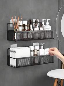 1 pieza Estante de almacenamiento montado en la pared de hierro moderno y negro hueco, estantería de almacenamiento para el baño para el hogar