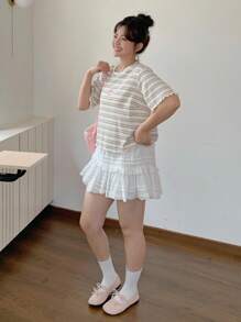 Dazy Plus Cherry Embroidery Striped Crew Neck Fitted Summer T-Shirt