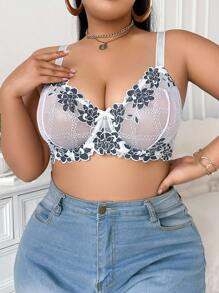 SHEIN 1 buah Bra Berkawat Renda Elegan Ukuran Plus - Hitam dan Putih - View 6