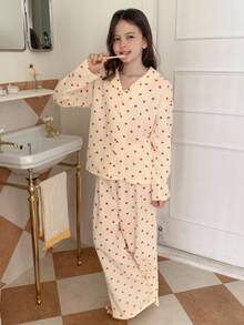 DAZY 少女心印花长袖和长裤睡衣套装 - 米色 - 查看 3