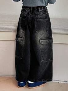 DAZY Young Girl Casual Washed Wide Leg Cargo Jeans - Black - View 2