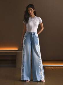 Selenza Women's Elegant Lace Patchwork Denim Jeans - Blue - View 7