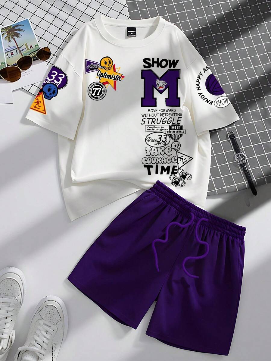 Manfinity EZcore 男士圆领短袖图案印花休闲衬衫和短裤套装