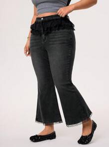 SHEIN ICON Quần jeans denim rách cỡ lớn có viền ren bất đối xứng và ống loe - màu đen - Xem 5