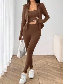 SHEIN EZwear Brown Knit Women's Long Sleeve Jacket, Fitted Vest And Leggings Sports Suit,Fall 3 Piece Sets Woman Legging Two Piece Set - Brown - View 4