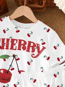 SHEIN Vintage Sport Cute Cherry Print, Mini Cherry Print, Summer , Tween Girls Casual Minimalist Short Sleeve Top And Shorts 2 Pieces Set, Suitable For Summer Cherry Clothes Cherry Two Piece Set Teen Girl Clothes Short Set 14y Girl Clothes Short Set Preppy Two Piece Set - Multicolor - View 4