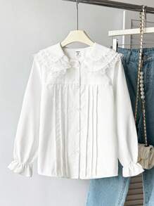 Tween Girl Ruffle Lace Patchwork Front Button Long Sleeve Shirt - White - View 2