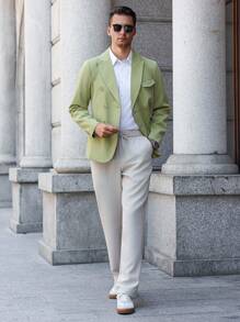 Manfinity Bizformal Men's Casual Commute Solid Color Double-Breasted Green Blazer, Old Money - Green - View 4