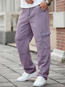Manfinity Homme Loose Fit Men's Cotton Cargo Jeans With Flap Pockets Men Purple Jeans - Purple - View 6