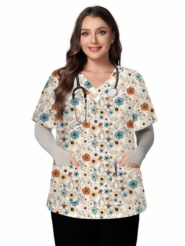 PopScrub Plus Size Apricot V-Neck Short Sleeve Floral Print Nurse Uniform/Doctor Work Wear, Plus Size Top/Health Check Surgery Uniform, Plus Size Solid Color Pet Grooming Work Uniform Top, Plus Size Nutritionist Work Wear Short Sleeve, Plus Size Functional Multi-Pocket Lab Work Uniform, Functional Plus Size Women Festival Clothing, Plus Size Women Tops, Plus Size Women Summer Tops Plus Size Scrub Tops Scrub Tops For Women Floral Scrub Top Womens Scrub Top Nurse Scrub Top