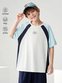 JNSQ Camiseta Solta com Gola Careca e Estampa de Letra em Bloco de Cor, Adequada para Uso Diário, Atividades ao Ar Livre, Férias, Streetwear, Festa e Lazer, Volta às Aulas para Meninos Pré-Adolescentes - Multicolorido - Visão 1